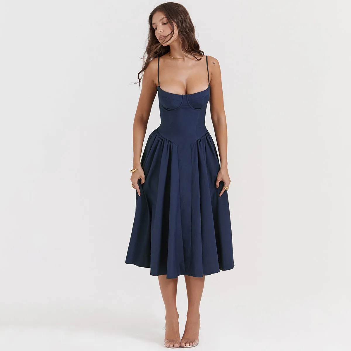 Summer Sexy V-Neck Spaghetti Strap Midi Dress with Waist-Cinching Backless Design