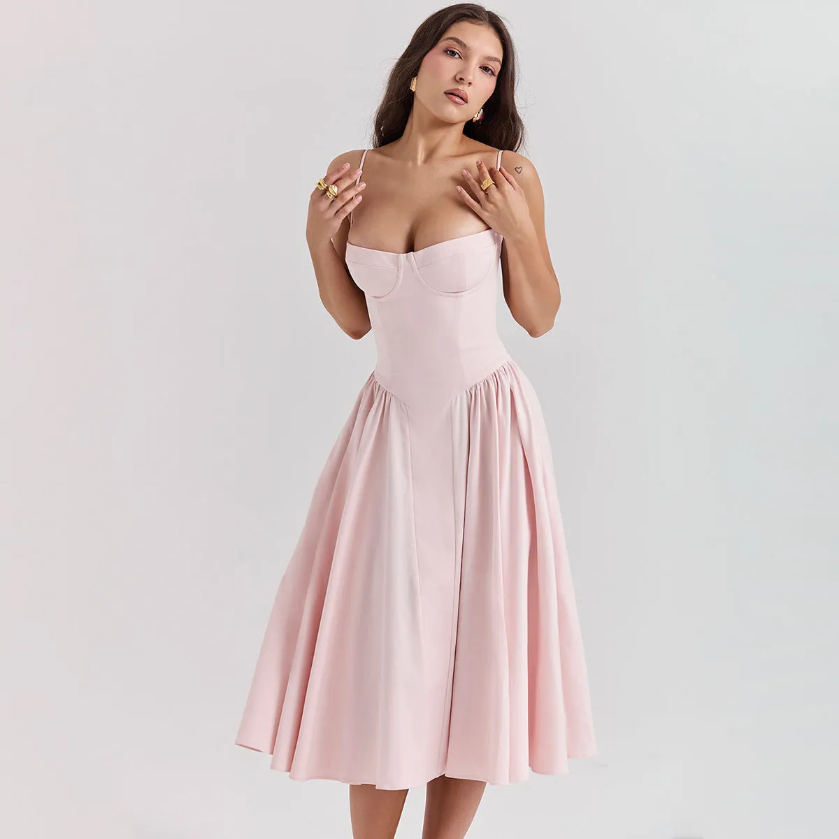 Summer Sexy V-Neck Spaghetti Strap Midi Dress with Waist-Cinching Backless Design