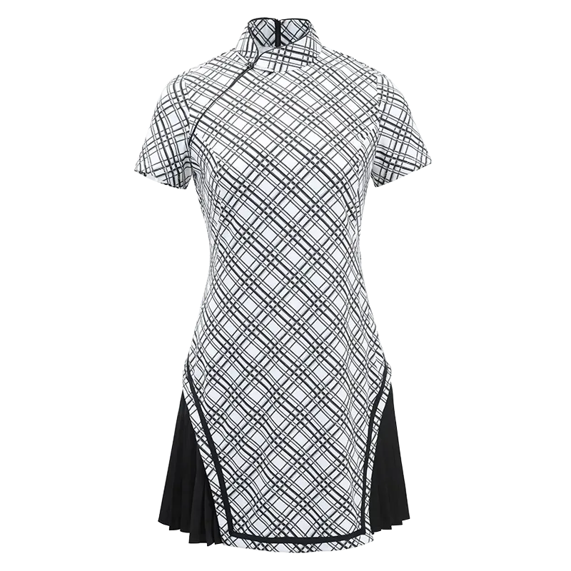 SVG Black and White Plaid Dress Chiffon Patchwork Cheongsam