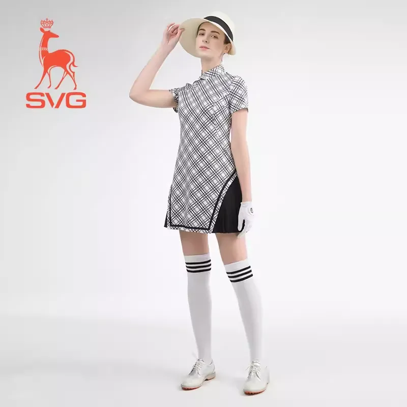 SVG Black and White Plaid Dress Chiffon Patchwork Cheongsam