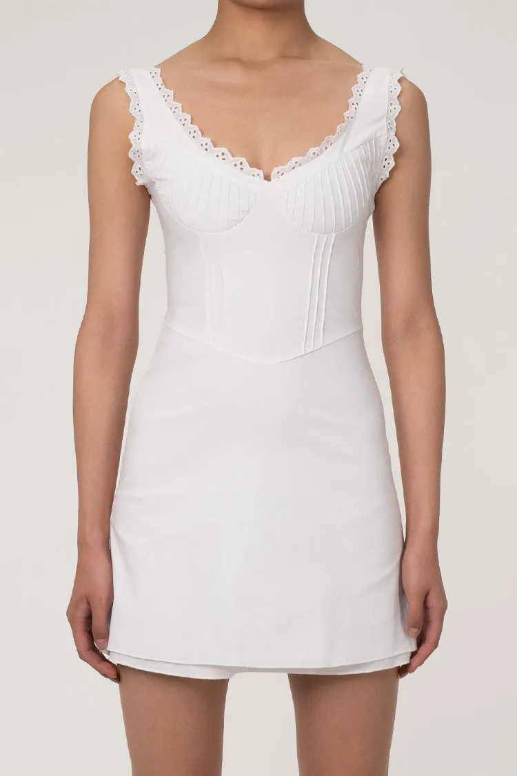 Swingy Scalloped Deep V Frill Trim Cotton Blend Mini Sundress - White