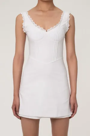 Swingy Scalloped Deep V Frill Trim Cotton Blend Mini Sundress - White