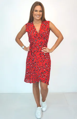 The Sleeveless Midi Wrap Dress - Red Animal