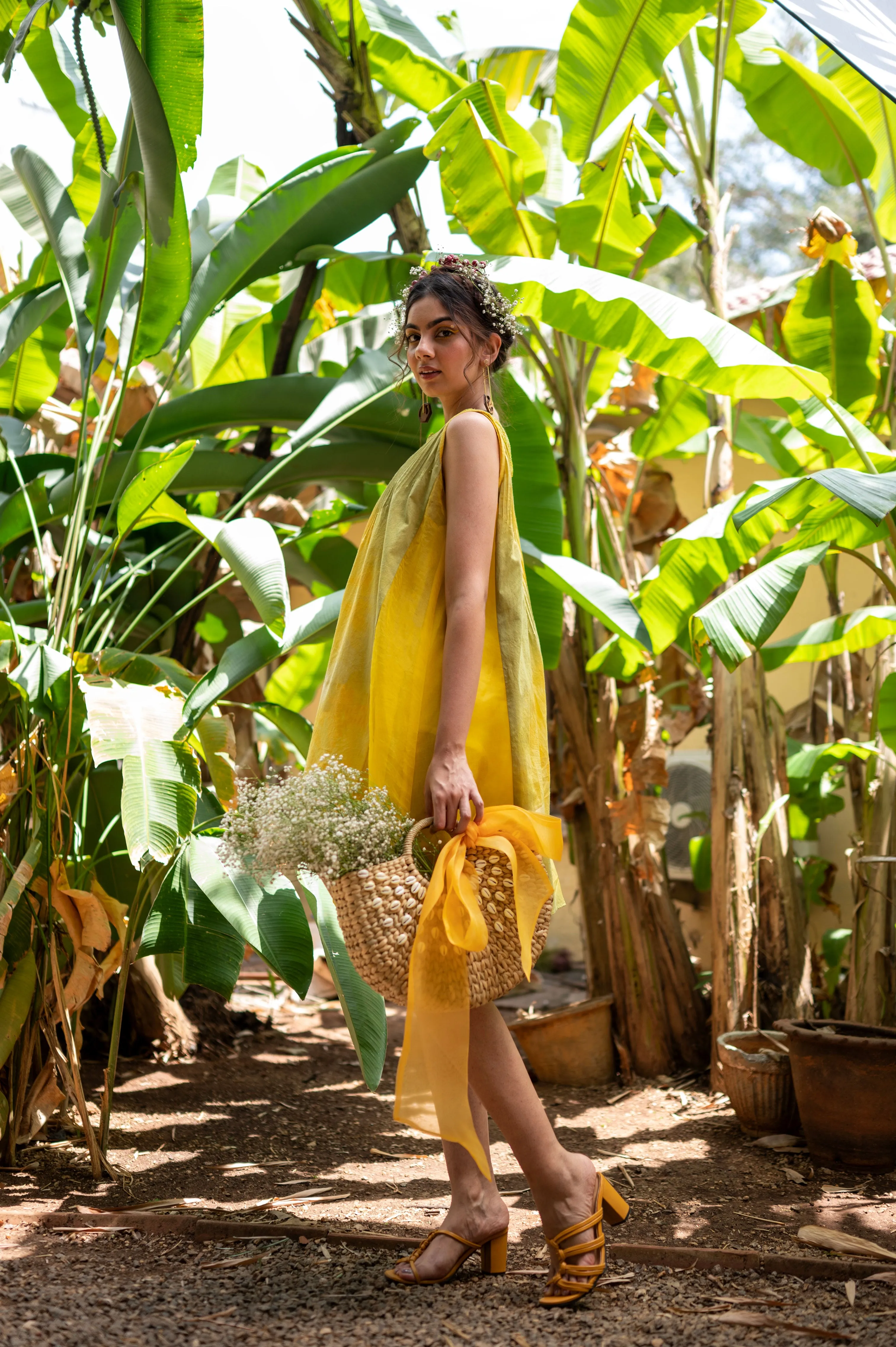 Tie and dye Cotton dress with hand embroidered bead work on neck and sunflower applique work on slip