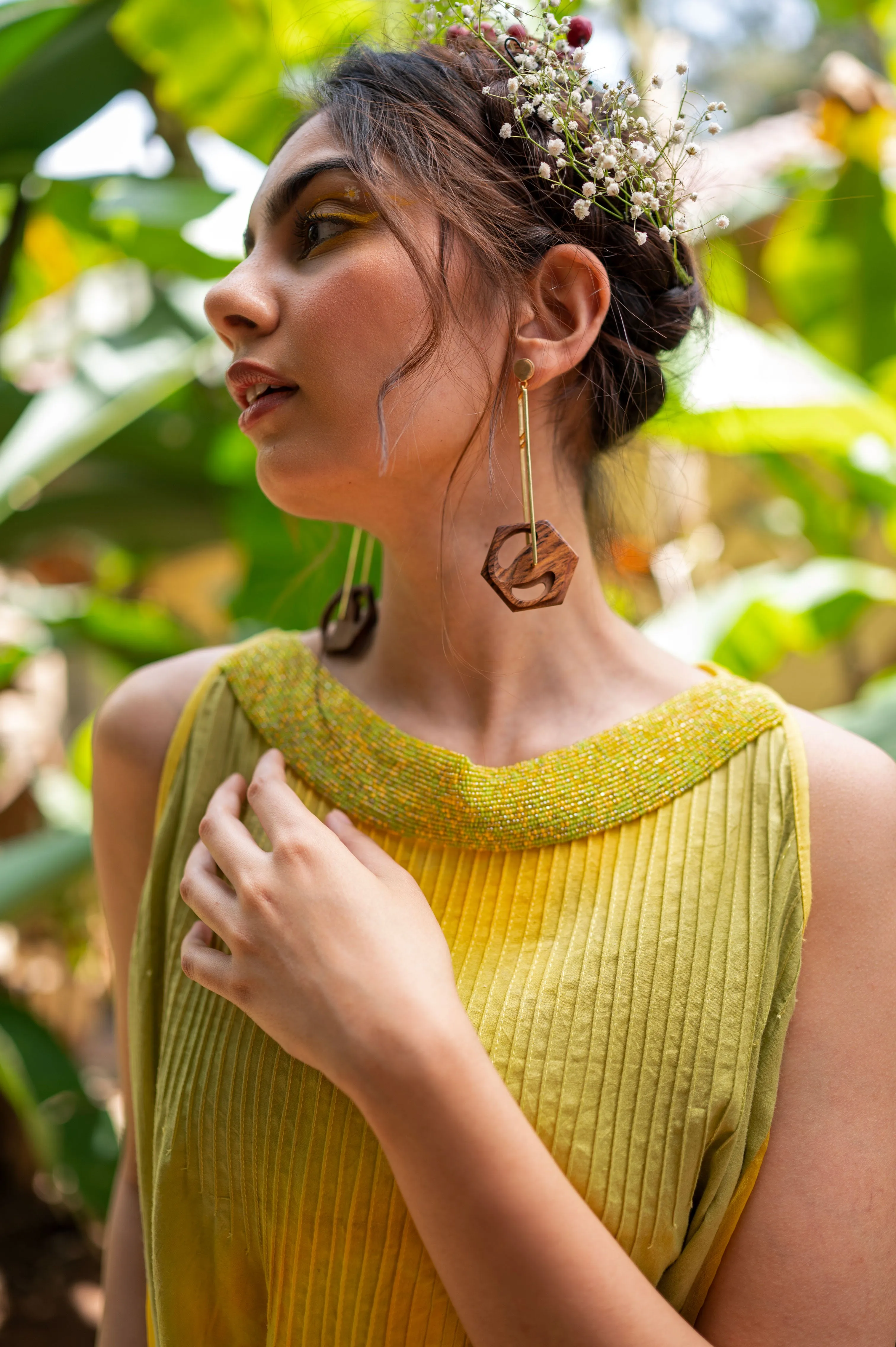 Tie and dye Cotton dress with hand embroidered bead work on neck and sunflower applique work on slip