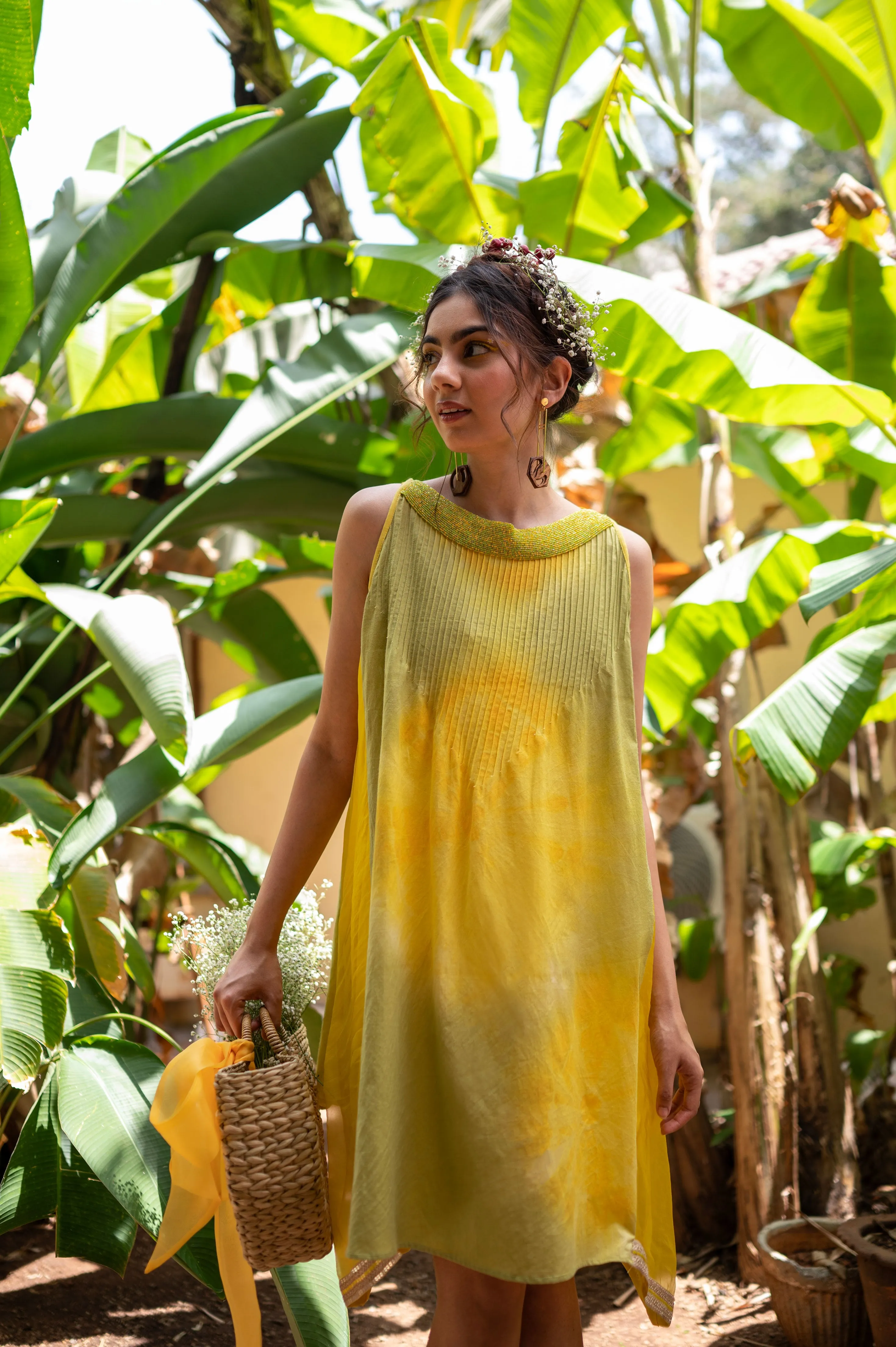 Tie and dye Cotton dress with hand embroidered bead work on neck and sunflower applique work on slip