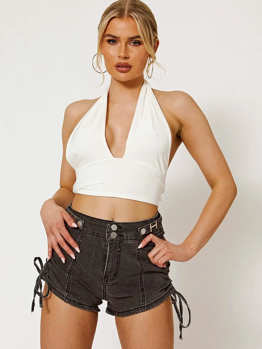 Tilly Ruched Denim Shorts with Functional Drawstring In Grey