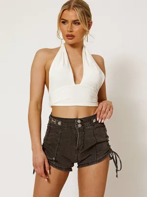 Tilly Ruched Denim Shorts with Functional Drawstring In Grey