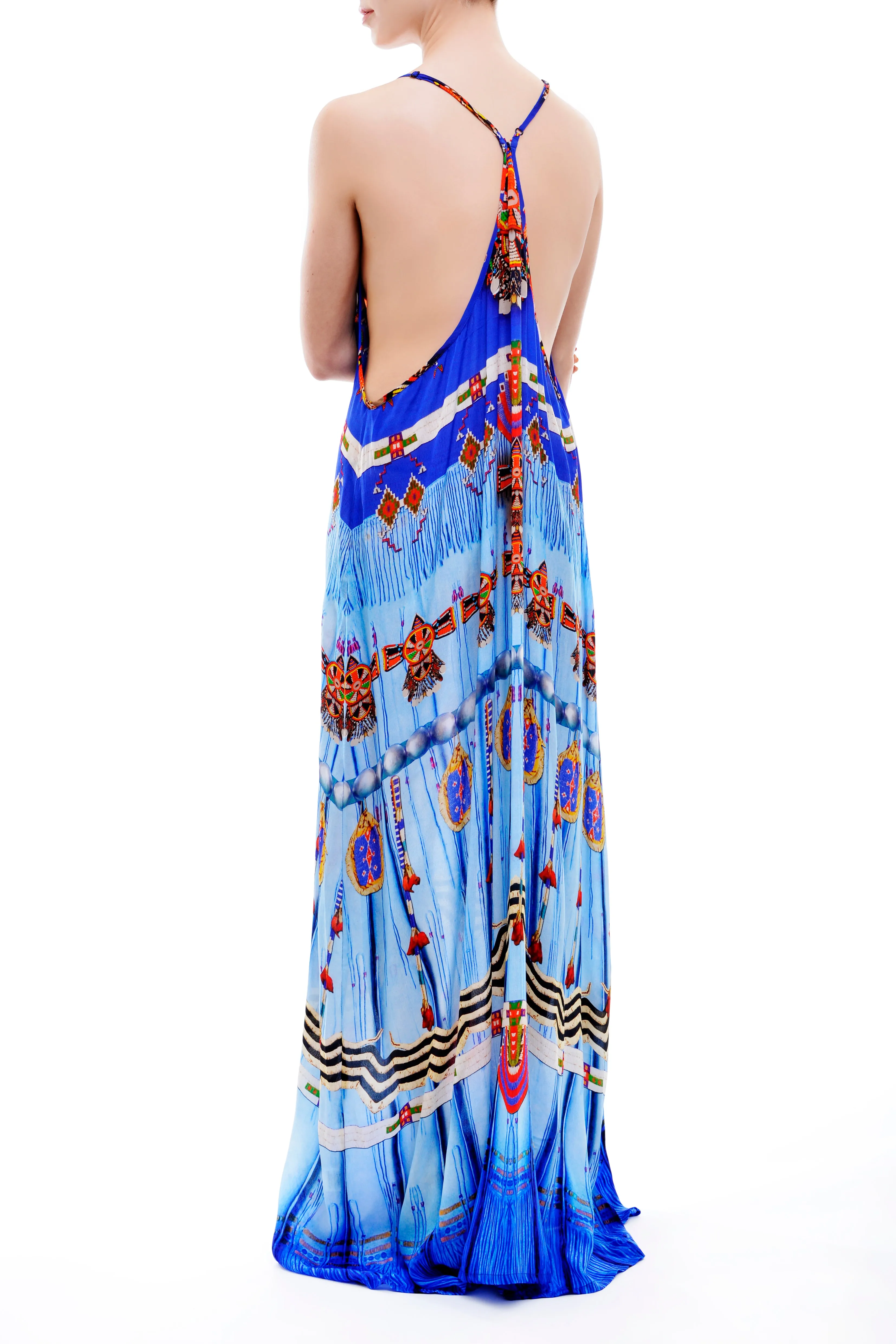 Tribal Print Long Blue Prom Dress