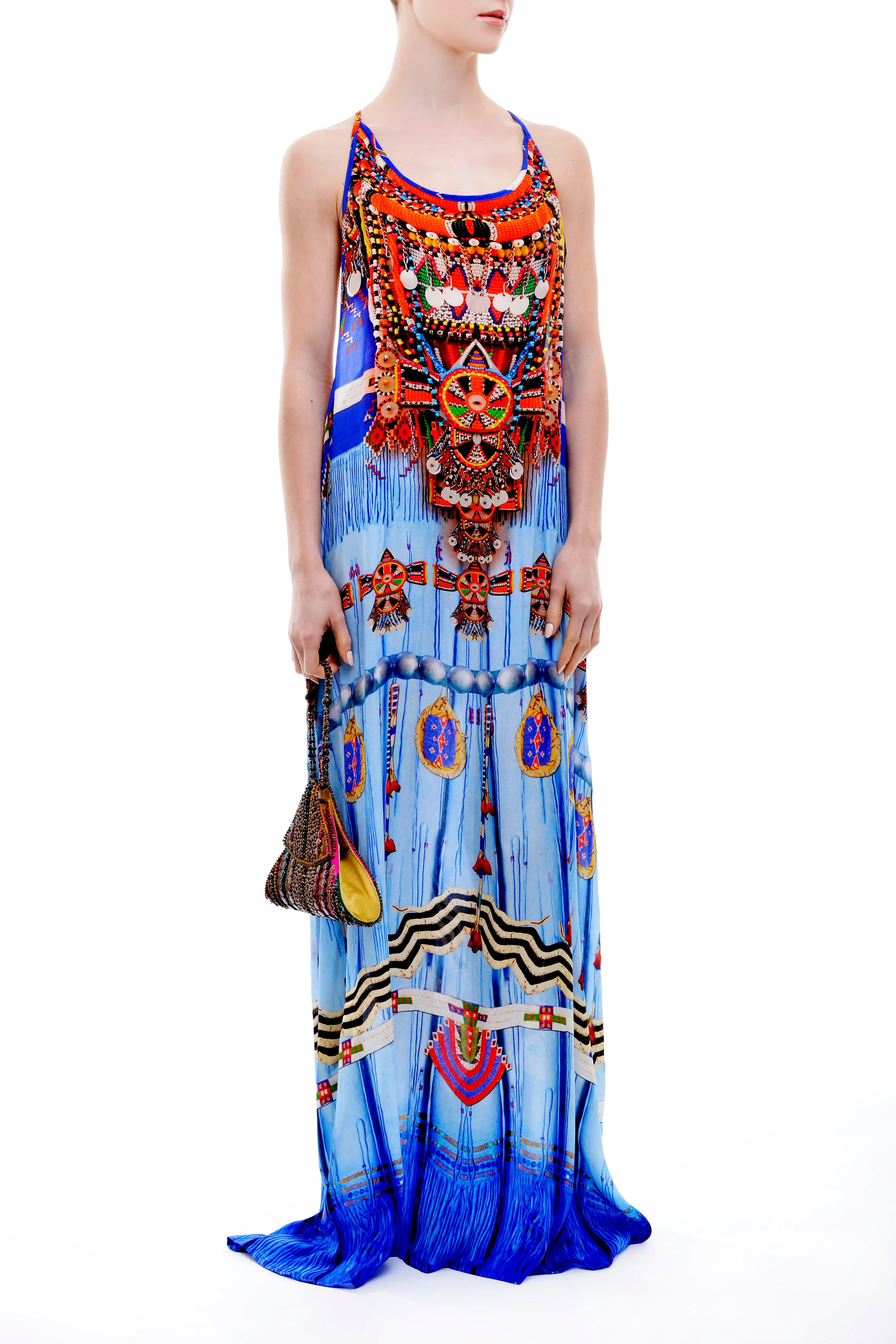 Tribal Print Long Blue Prom Dress