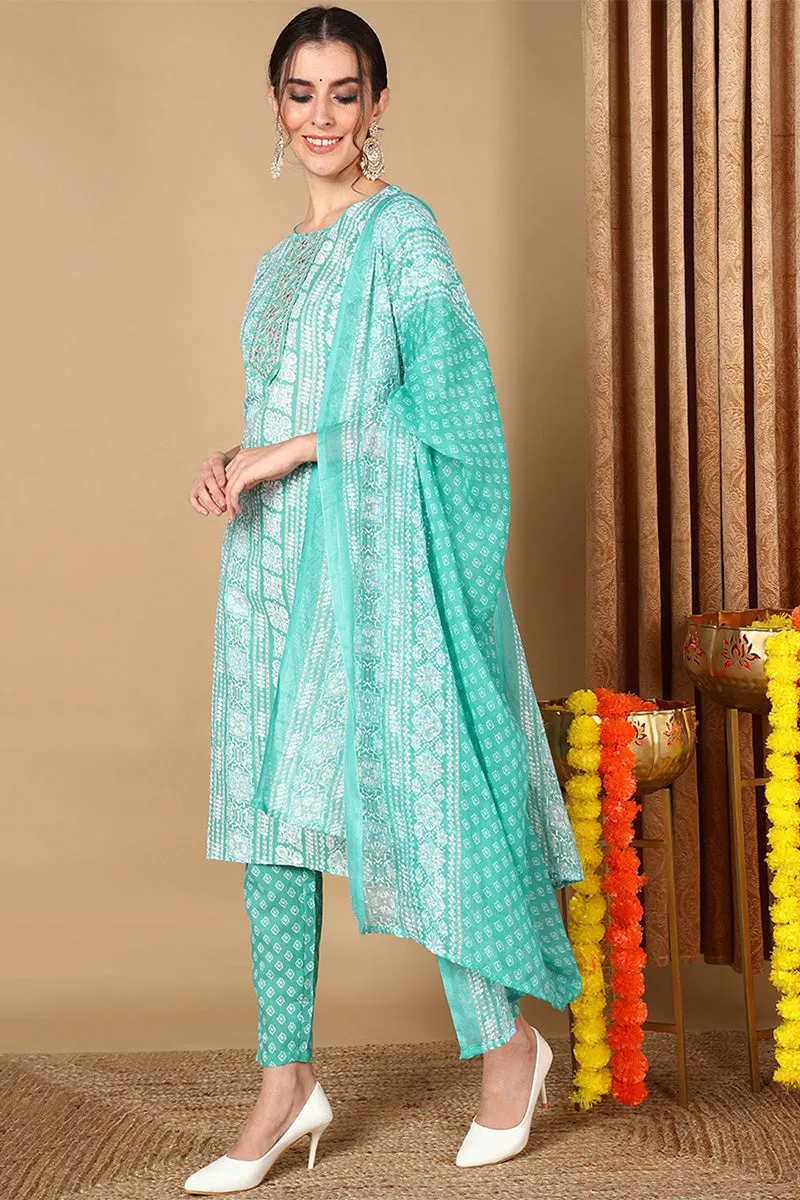 Turquoise Blue Poly Cotton Ethnic Motifs Printed Suit Set