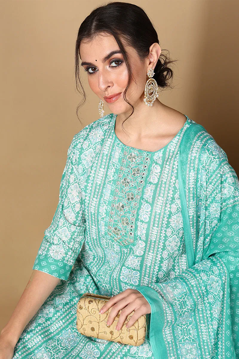 Turquoise Blue Poly Cotton Ethnic Motifs Printed Suit Set