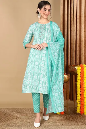 Turquoise Blue Poly Cotton Ethnic Motifs Printed Suit Set