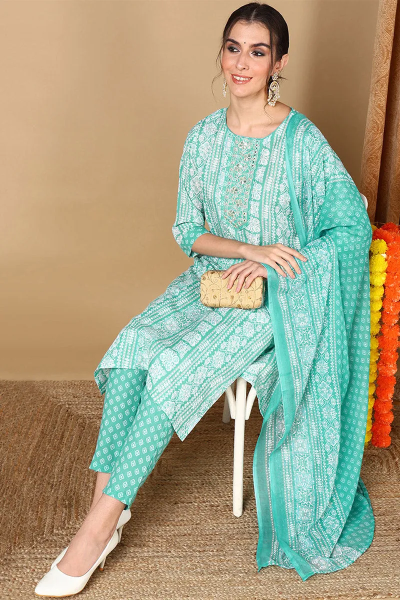 Turquoise Blue Poly Cotton Ethnic Motifs Printed Suit Set