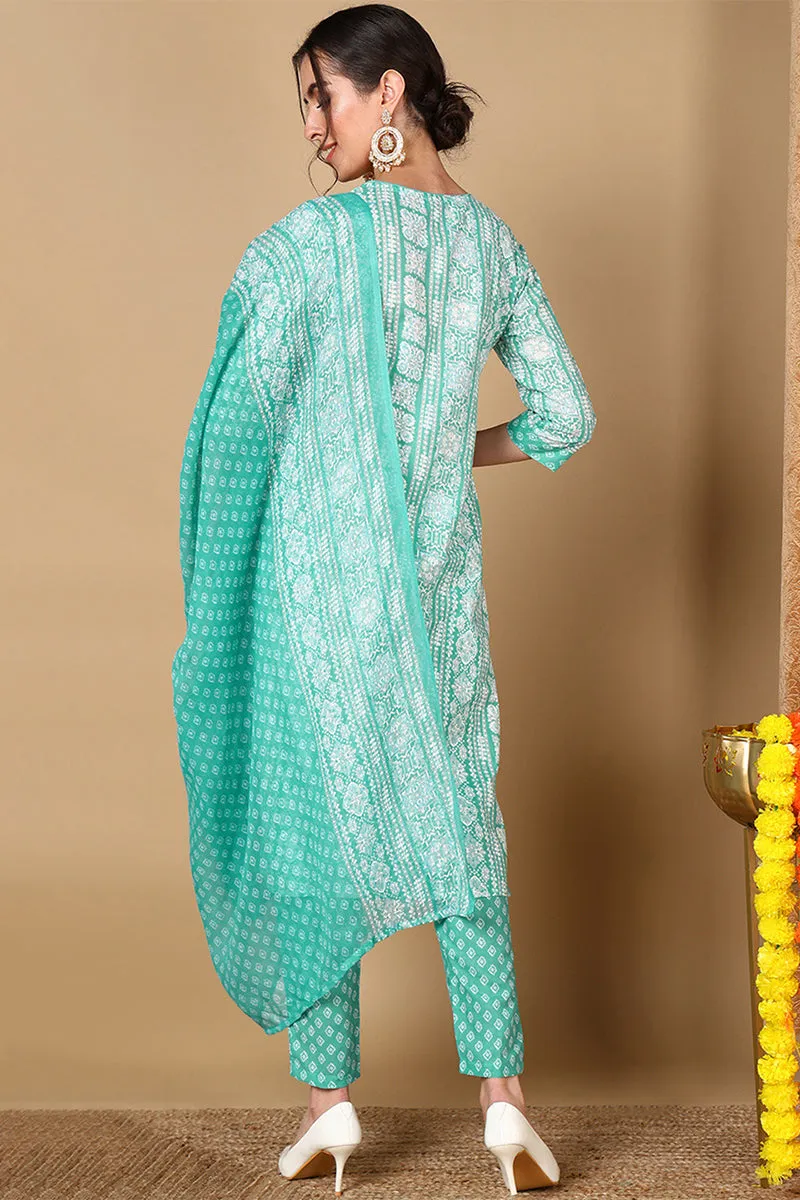 Turquoise Blue Poly Cotton Ethnic Motifs Printed Suit Set