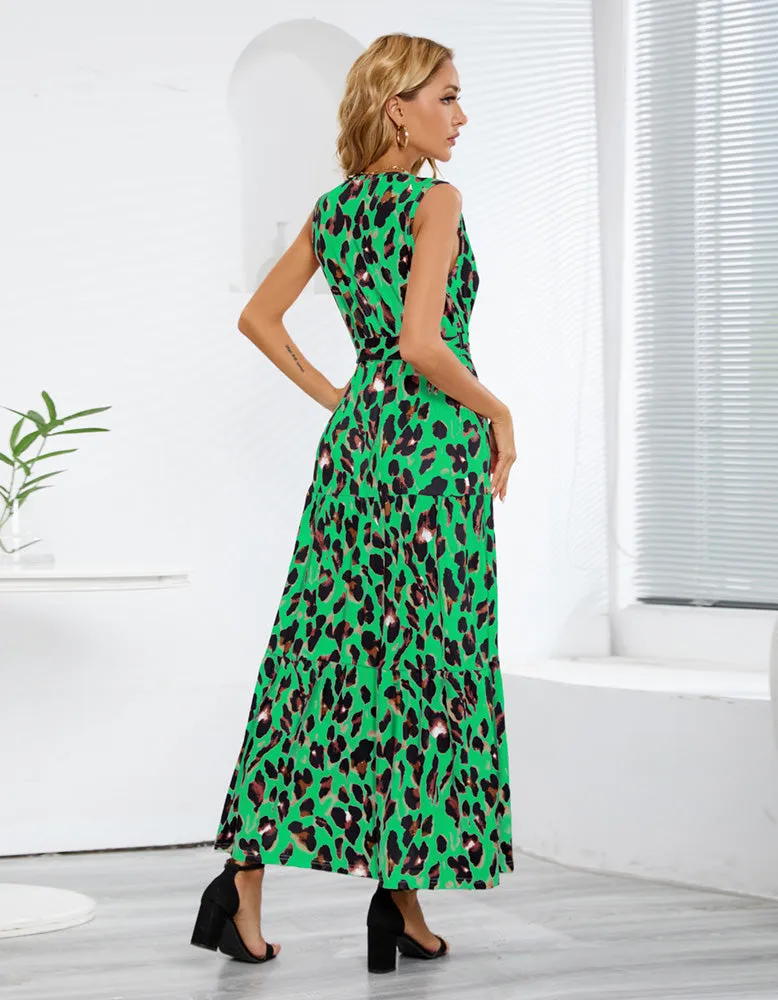 V-Neck Leopard Print Strap Long A Line Dresses