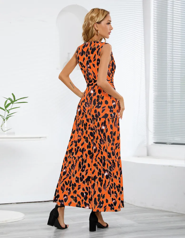 V-Neck Leopard Print Strap Long A Line Dresses