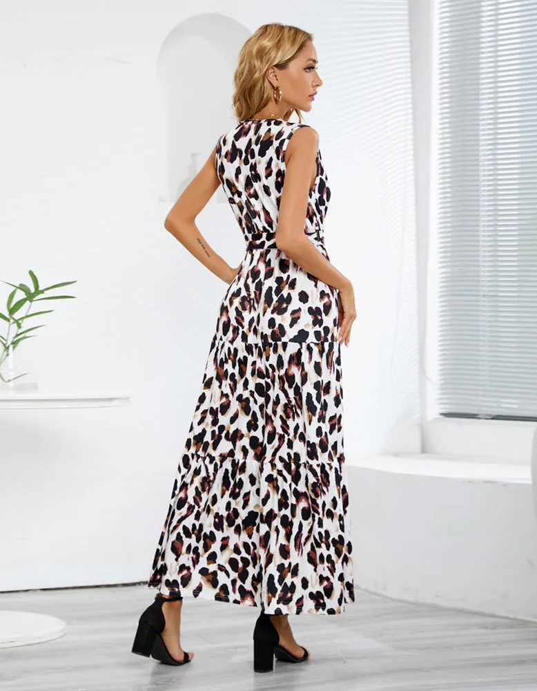 V-Neck Leopard Print Strap Long A Line Dresses