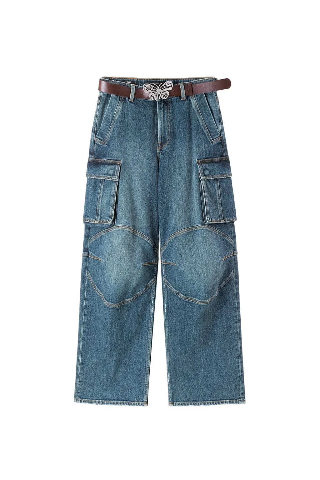 Vintage Butterfly Belt High Waist Cargo Style Straight Jeans