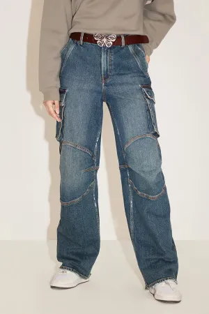 Vintage Butterfly Belt High Waist Cargo Style Straight Jeans