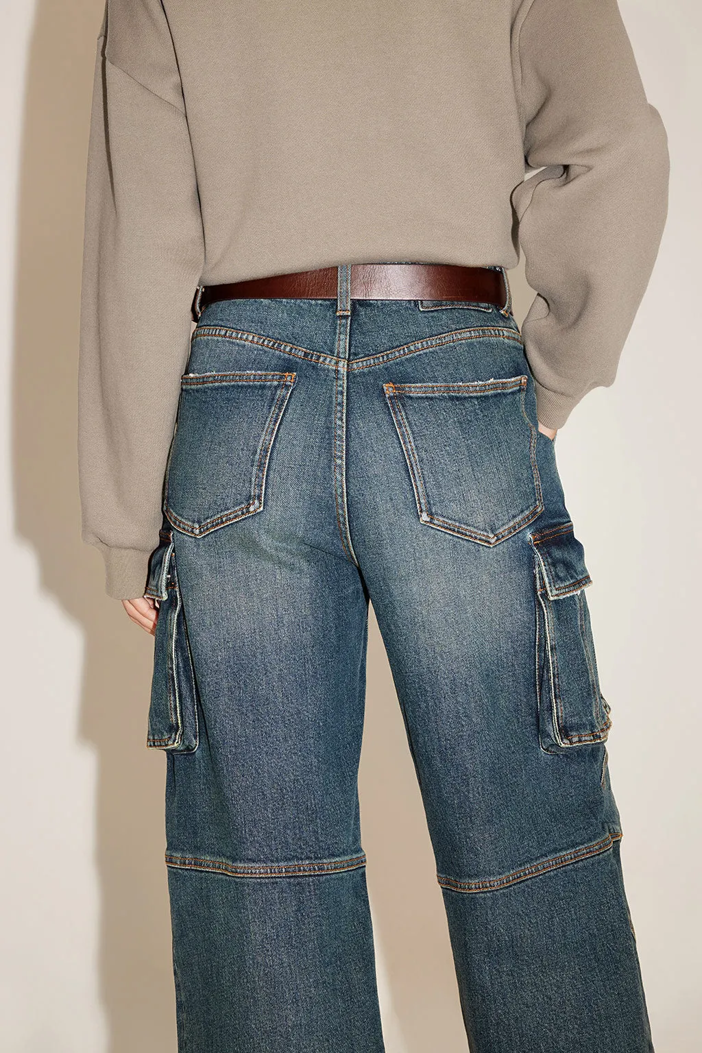 Vintage Butterfly Belt High Waist Cargo Style Straight Jeans