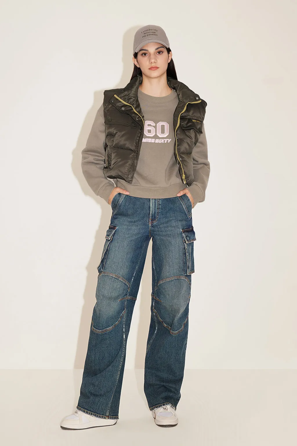 Vintage Butterfly Belt High Waist Cargo Style Straight Jeans