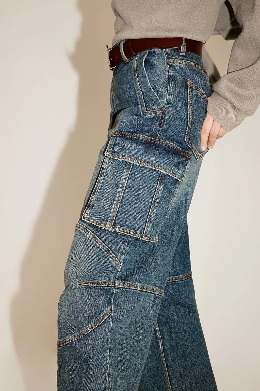 Vintage Butterfly Belt High Waist Cargo Style Straight Jeans