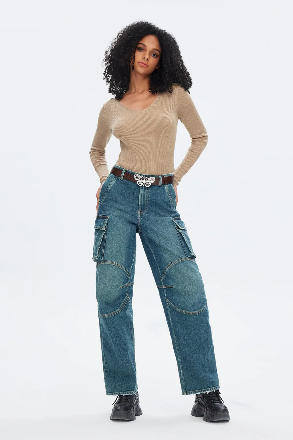 Vintage Butterfly Belt High Waist Cargo Style Straight Jeans