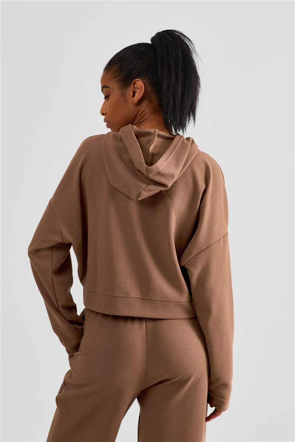 Waffle Knit Zip-Up Hoodie & Wide Leg Pants Set