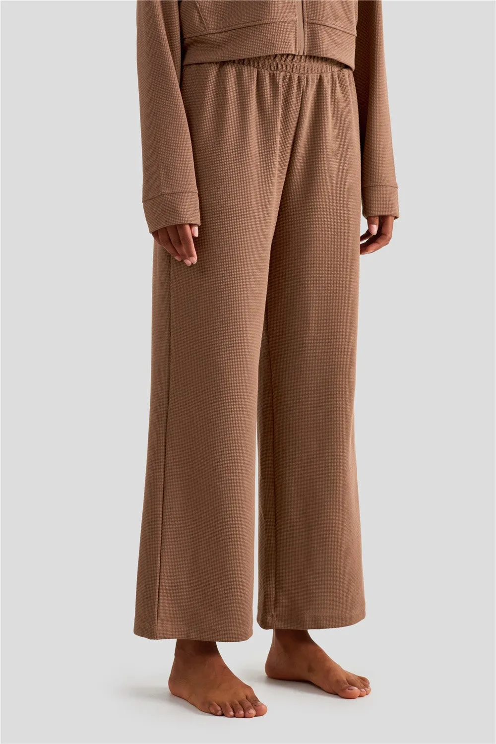 Waffle Knit Zip-Up Hoodie & Wide Leg Pants Set