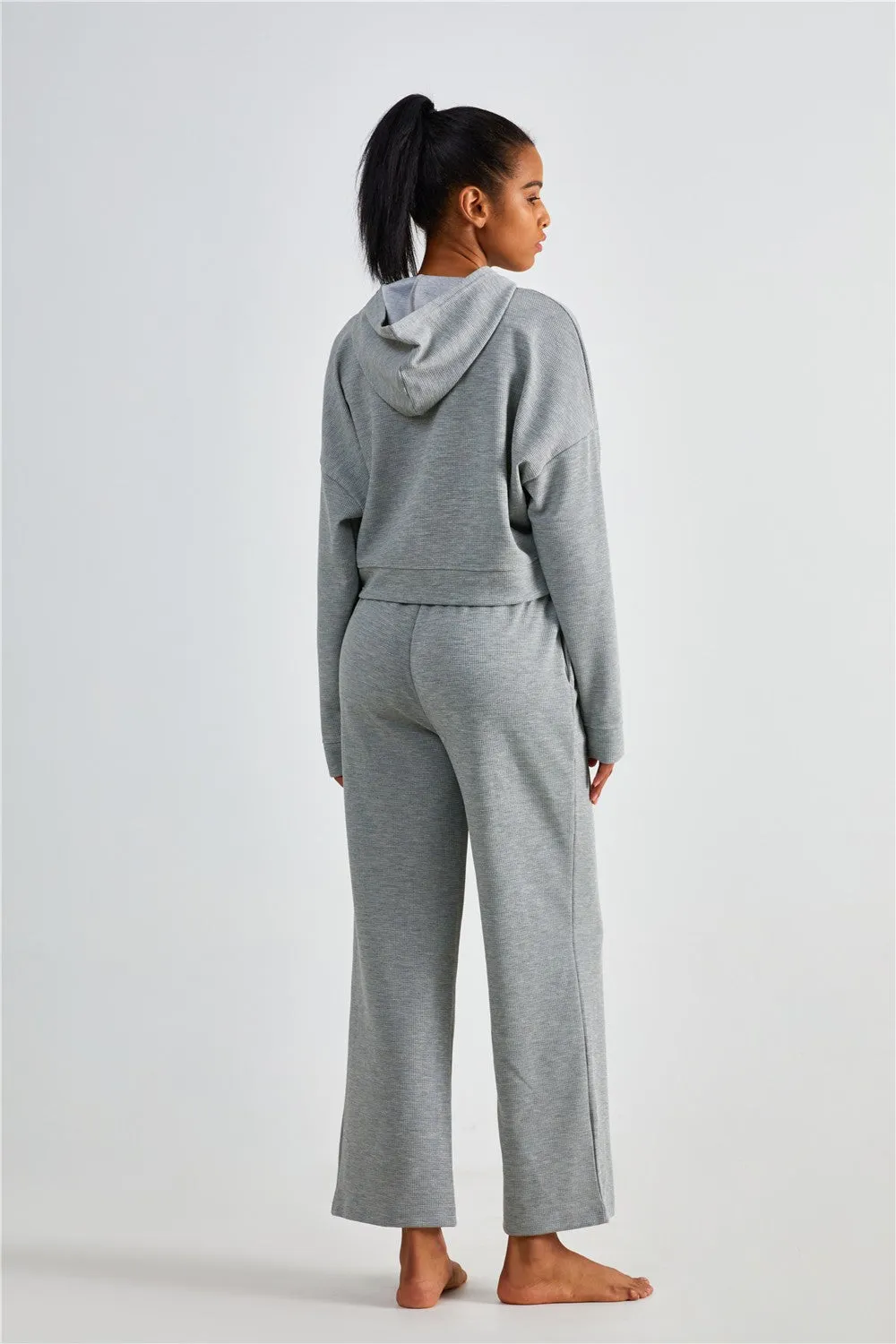 Waffle Knit Zip-Up Hoodie & Wide Leg Pants Set