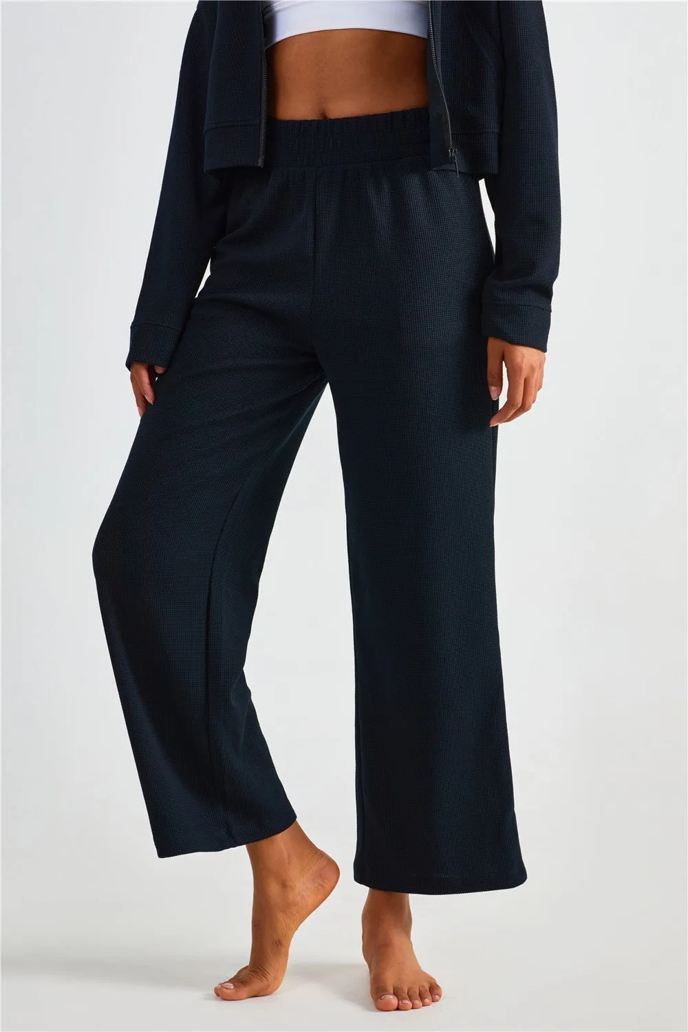 Waffle Knit Zip-Up Hoodie & Wide Leg Pants Set