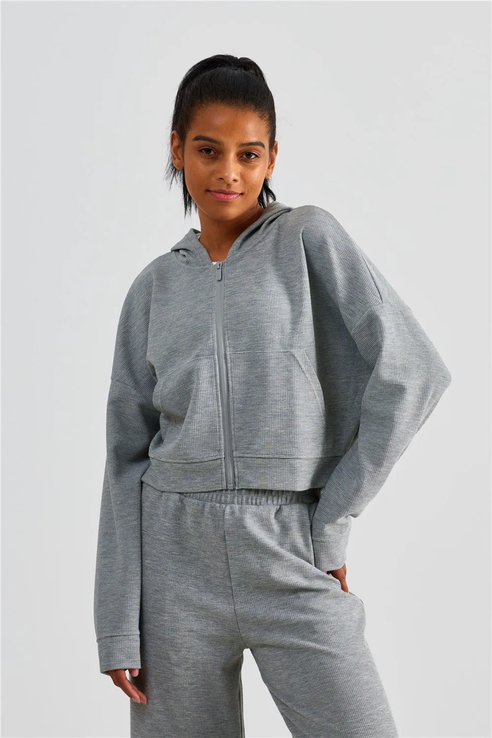 Waffle Knit Zip-Up Hoodie & Wide Leg Pants Set