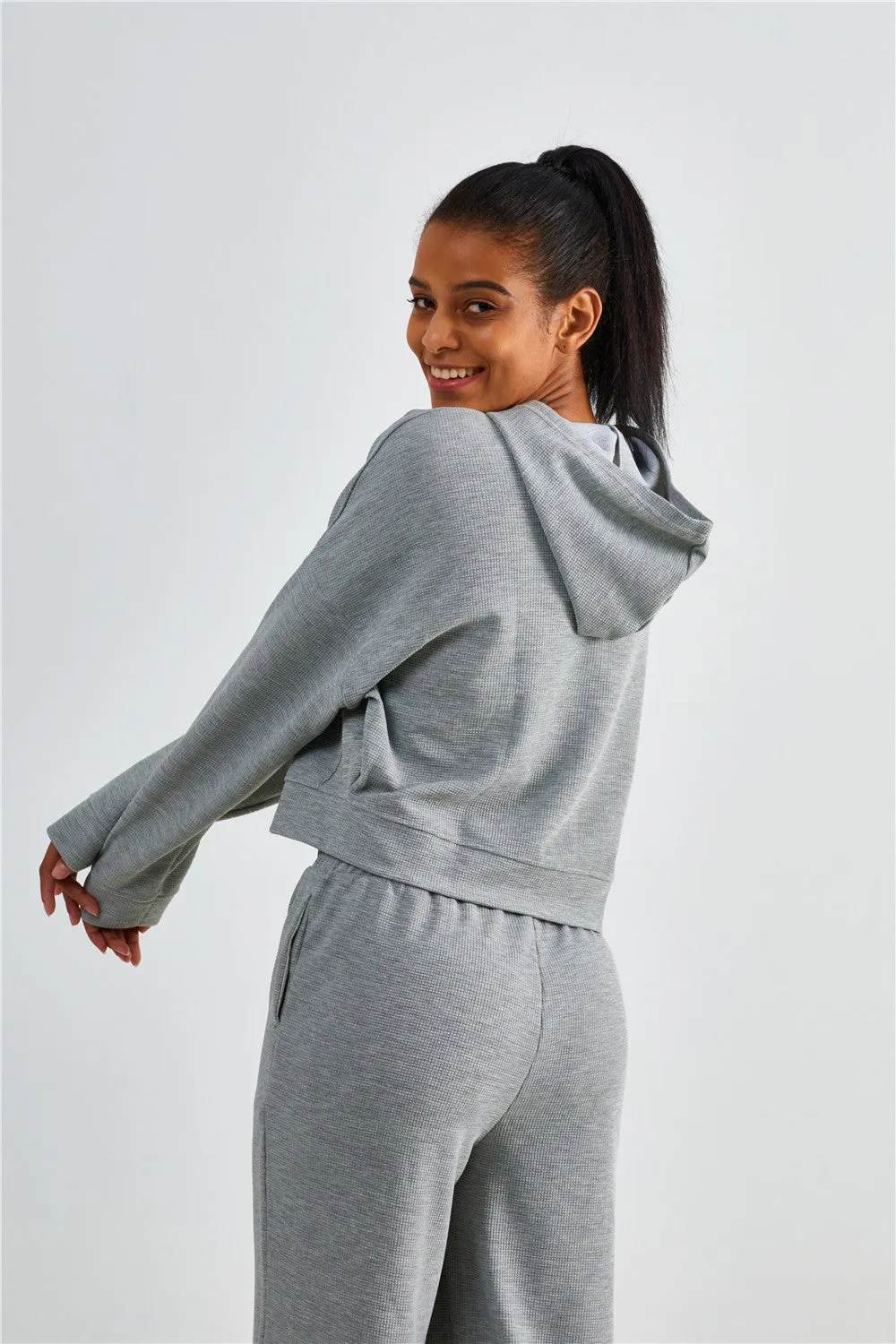 Waffle Knit Zip-Up Hoodie & Wide Leg Pants Set