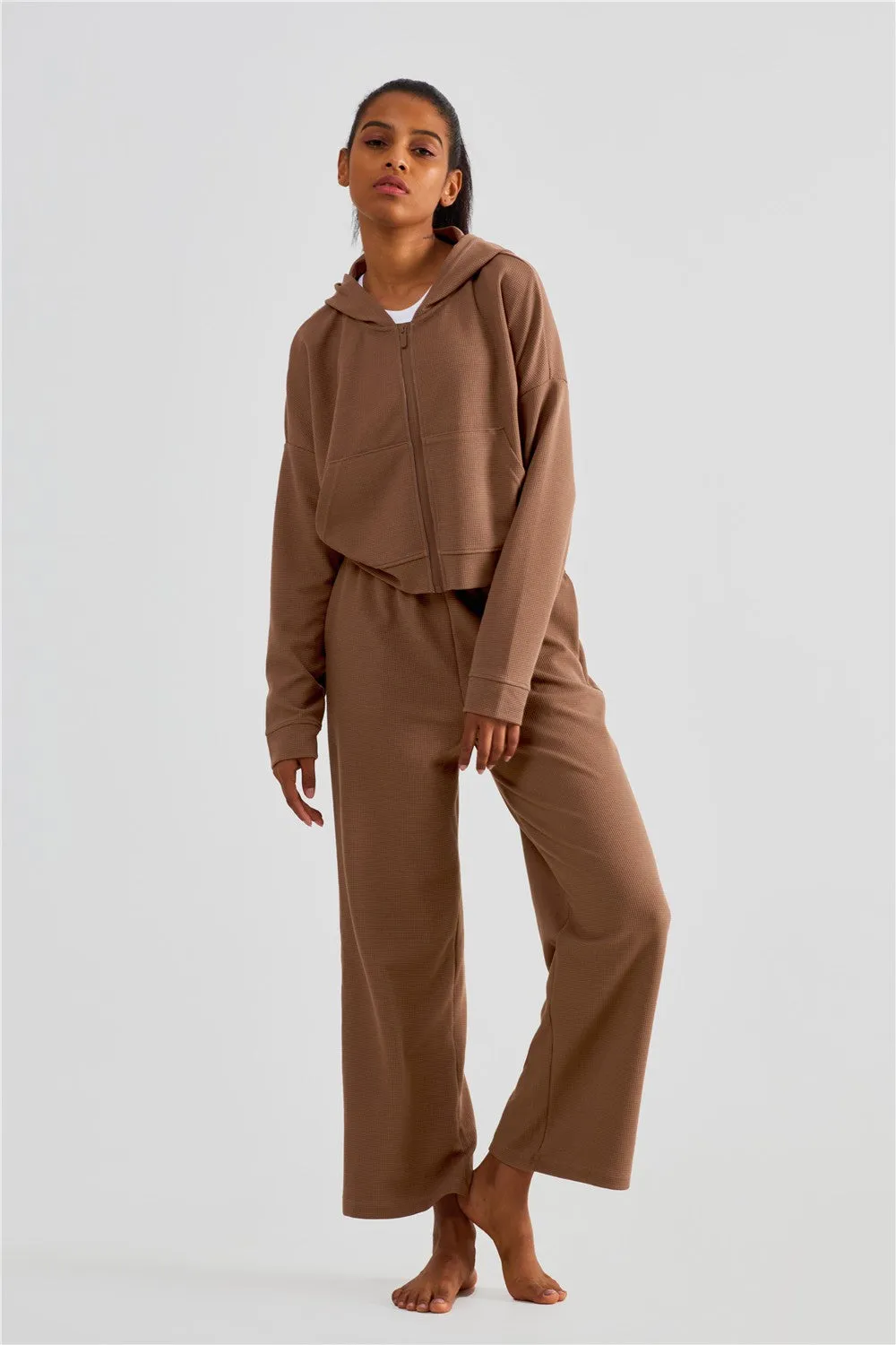 Waffle Knit Zip-Up Hoodie & Wide Leg Pants Set