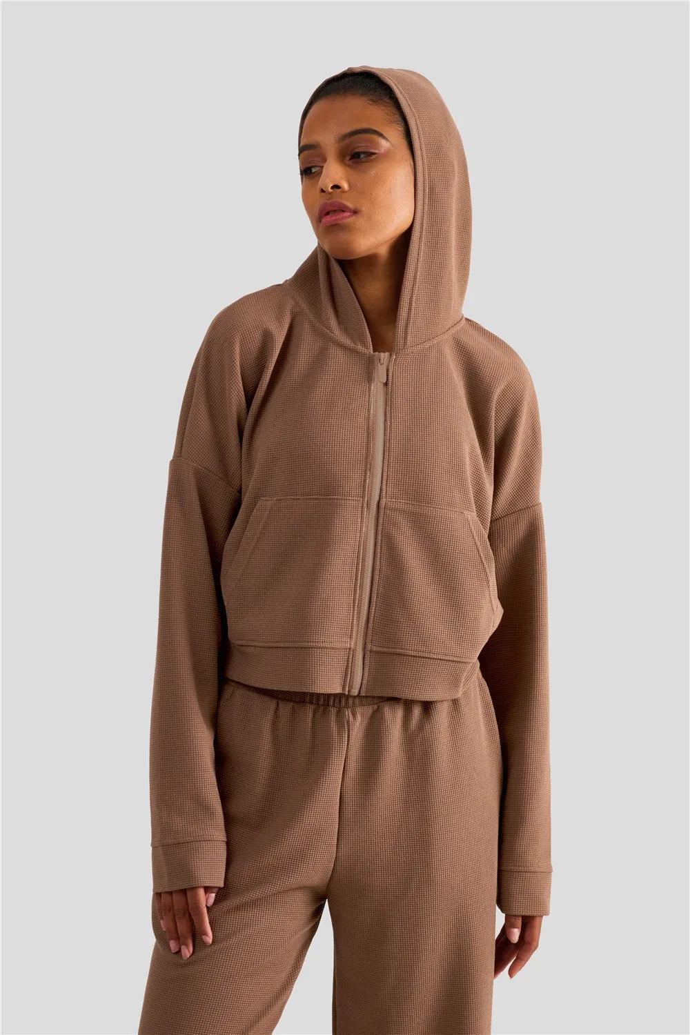 Waffle Knit Zip-Up Hoodie & Wide Leg Pants Set