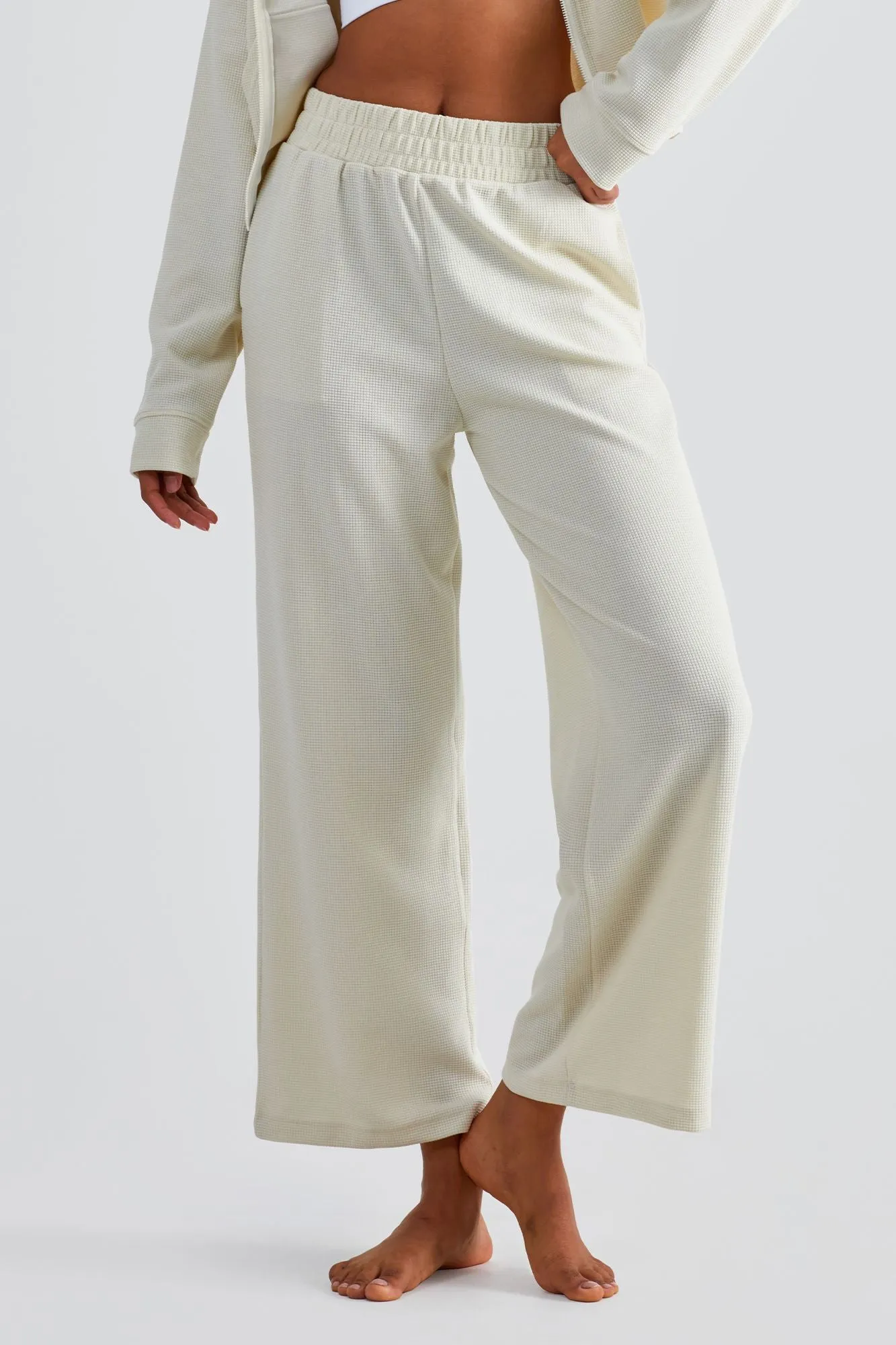 Waffle Knit Zip-Up Hoodie & Wide Leg Pants Set