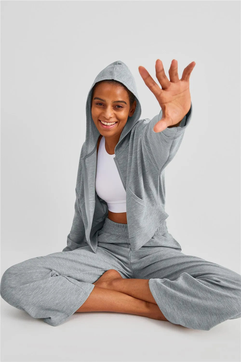 Waffle Knit Zip-Up Hoodie & Wide Leg Pants Set