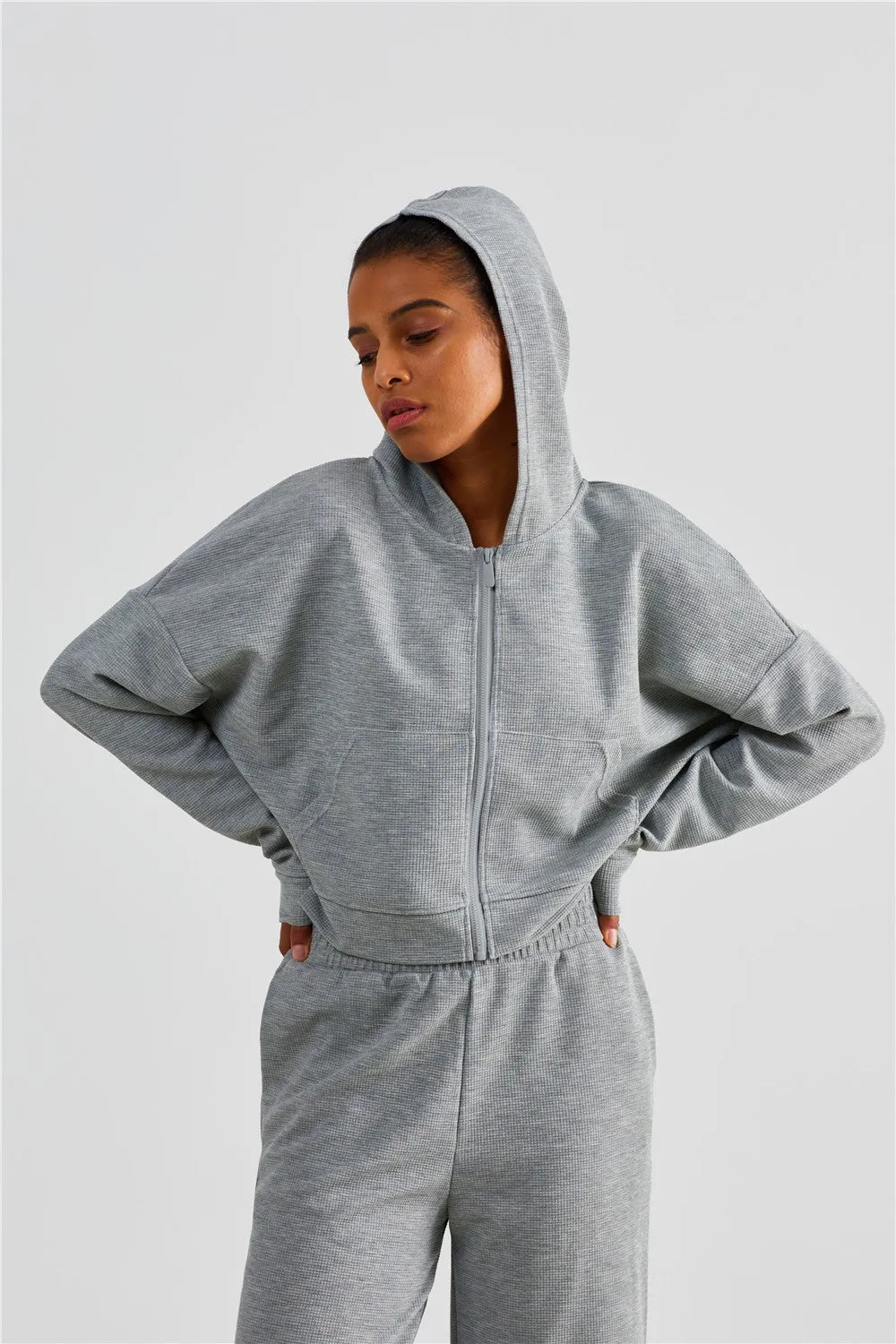 Waffle Knit Zip-Up Hoodie & Wide Leg Pants Set