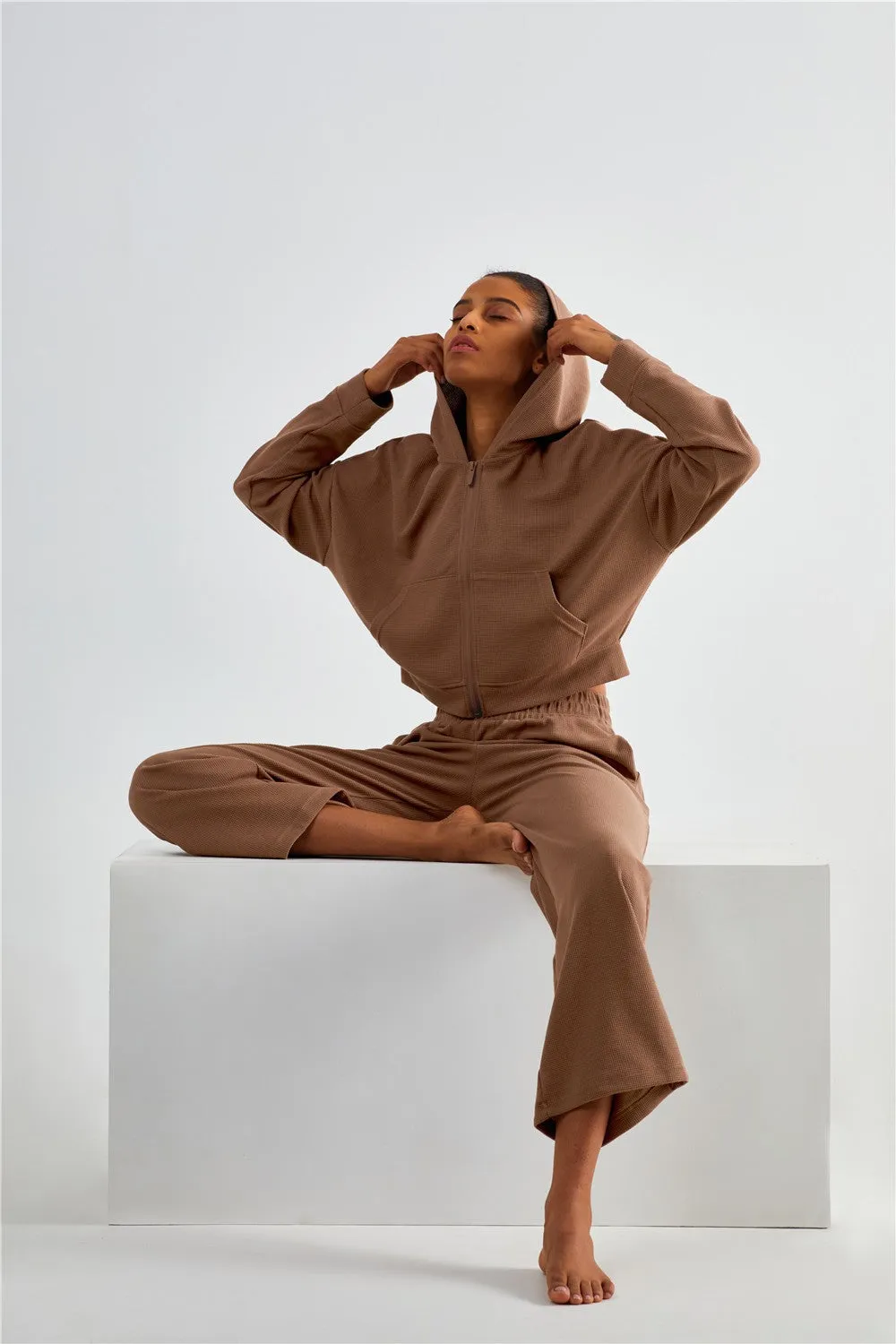 Waffle Knit Zip-Up Hoodie & Wide Leg Pants Set