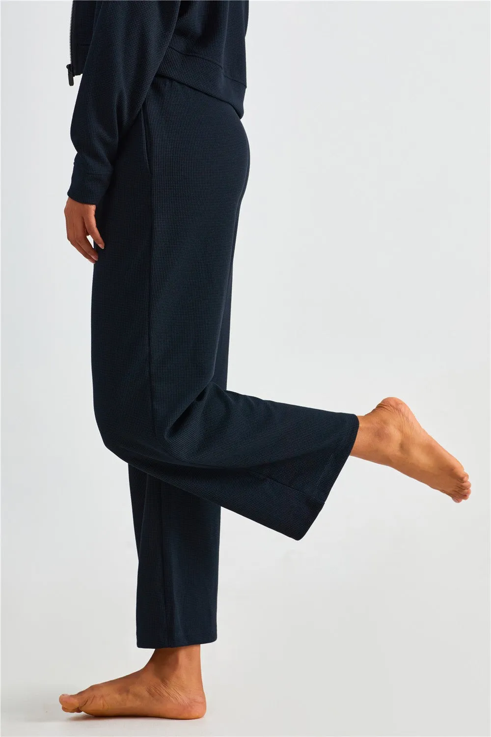 Waffle Knit Zip-Up Hoodie & Wide Leg Pants Set