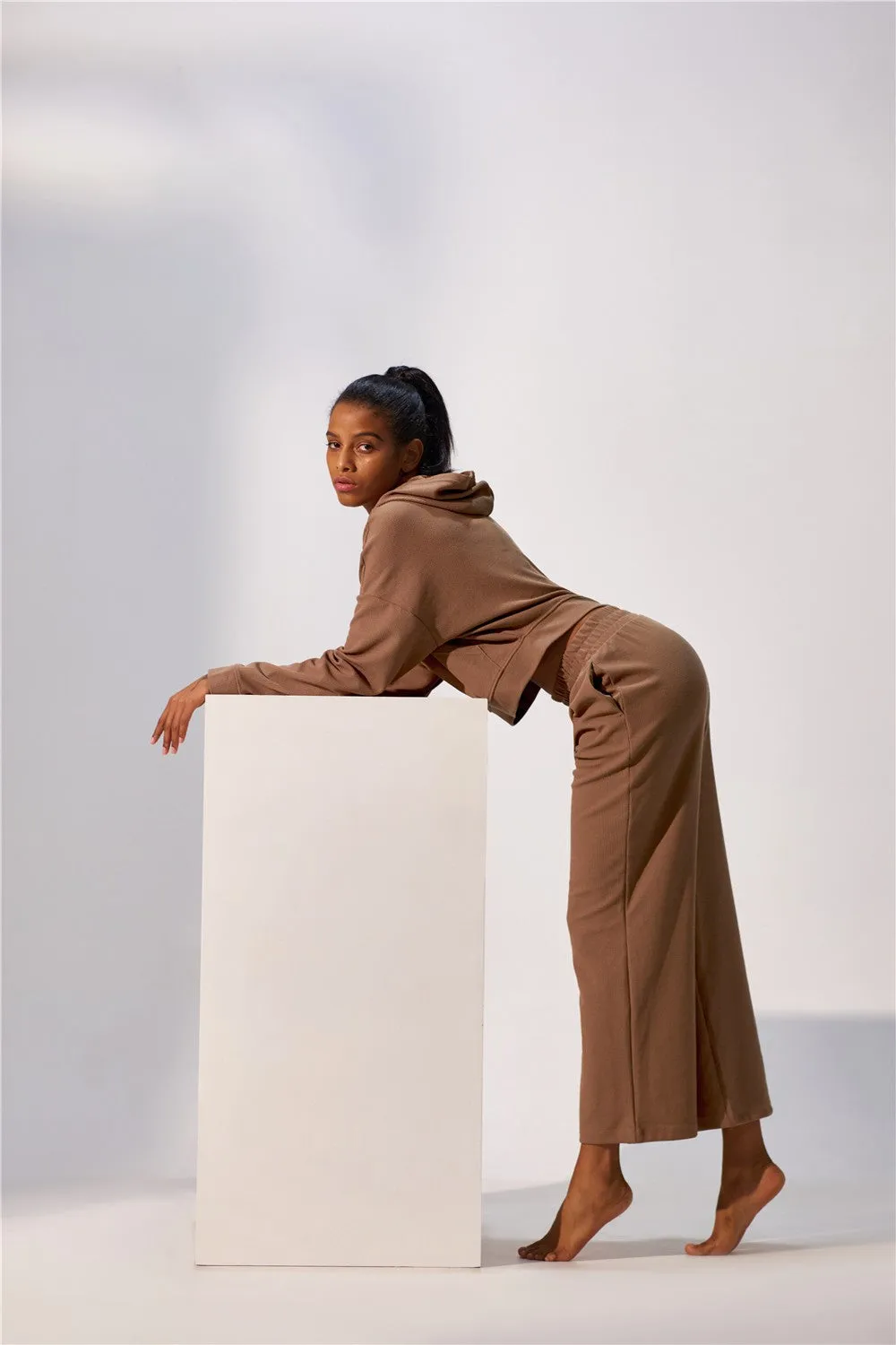 Waffle Knit Zip-Up Hoodie & Wide Leg Pants Set