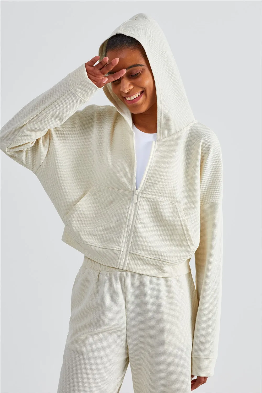 Waffle Knit Zip-Up Hoodie & Wide Leg Pants Set