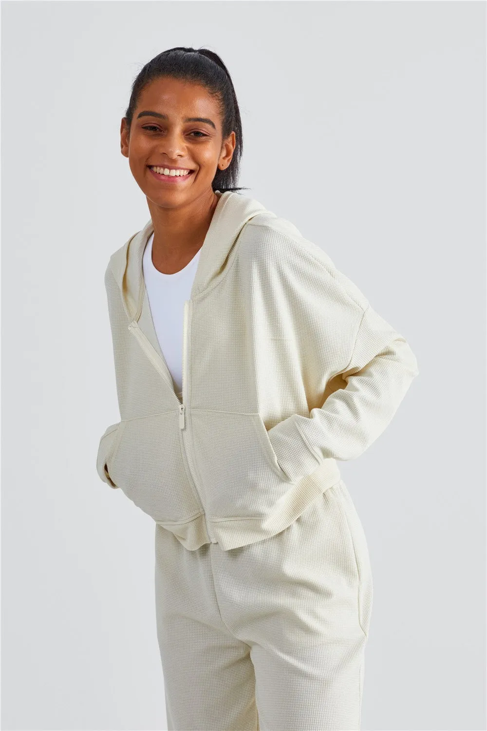 Waffle Knit Zip-Up Hoodie & Wide Leg Pants Set
