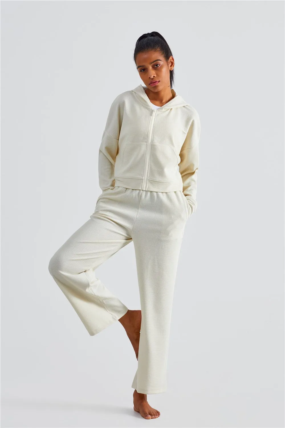 Waffle Knit Zip-Up Hoodie & Wide Leg Pants Set
