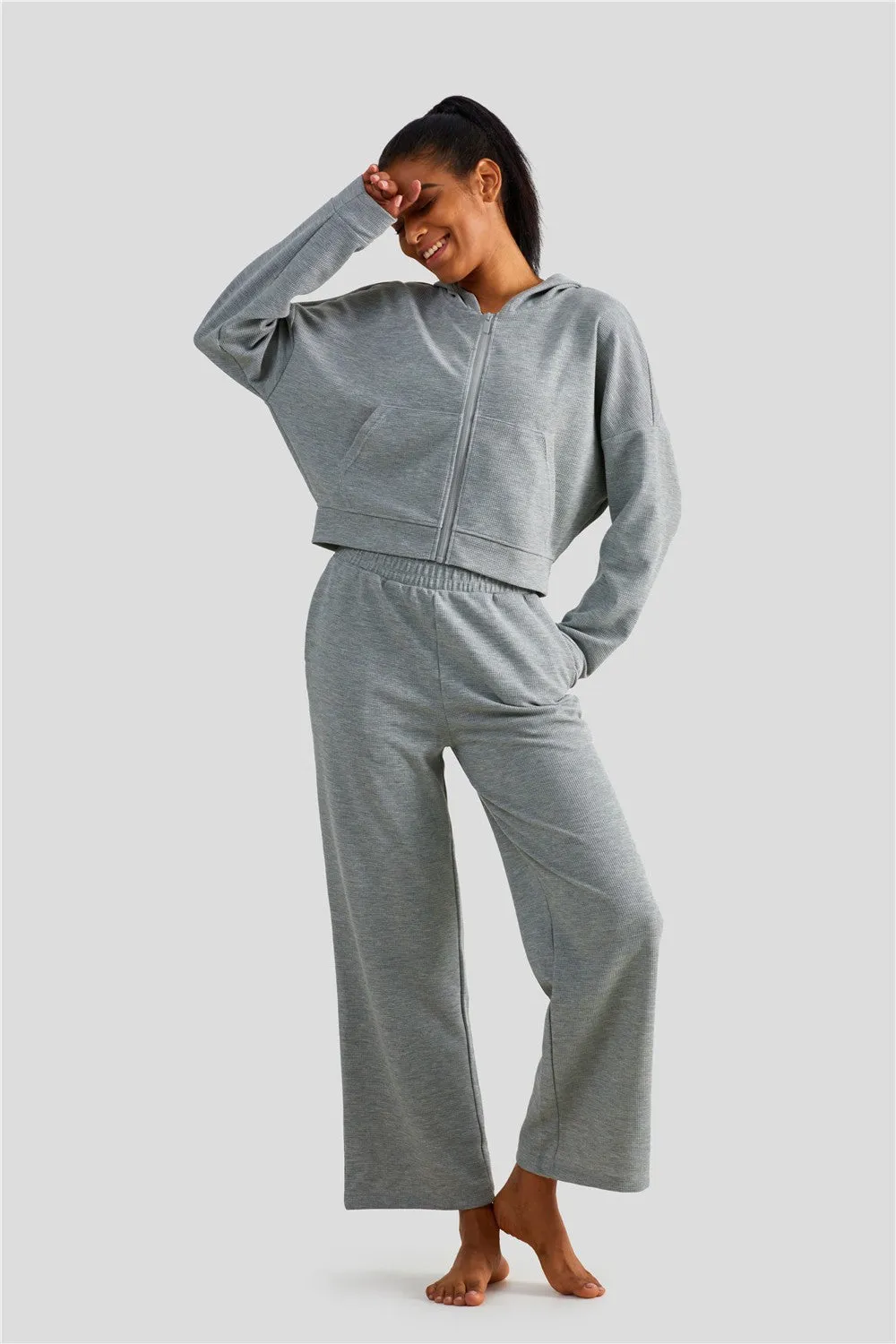 Waffle Knit Zip-Up Hoodie & Wide Leg Pants Set