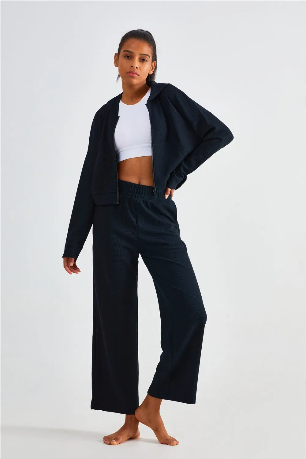 Waffle Knit Zip-Up Hoodie & Wide Leg Pants Set