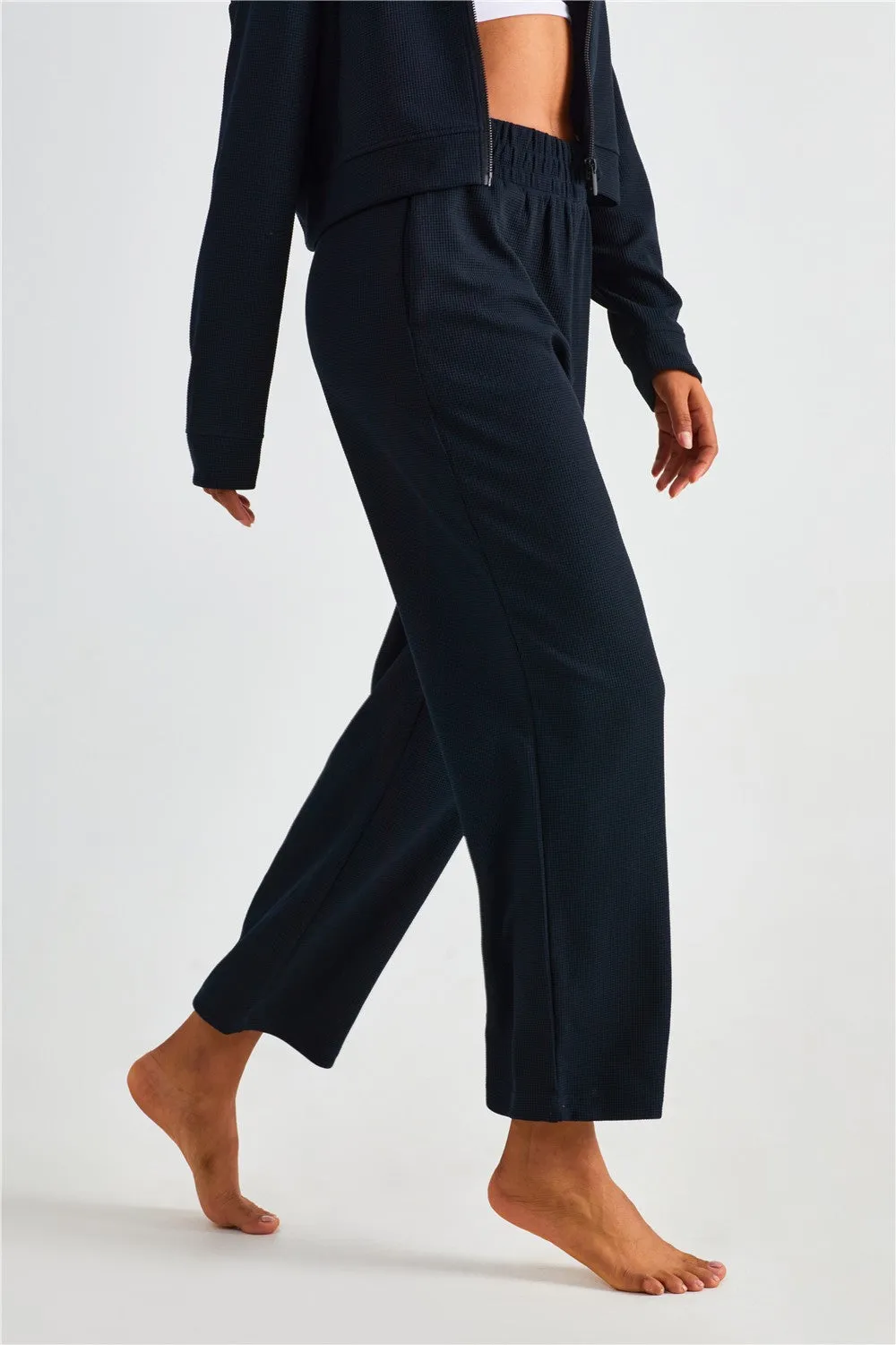 Waffle Knit Zip-Up Hoodie & Wide Leg Pants Set