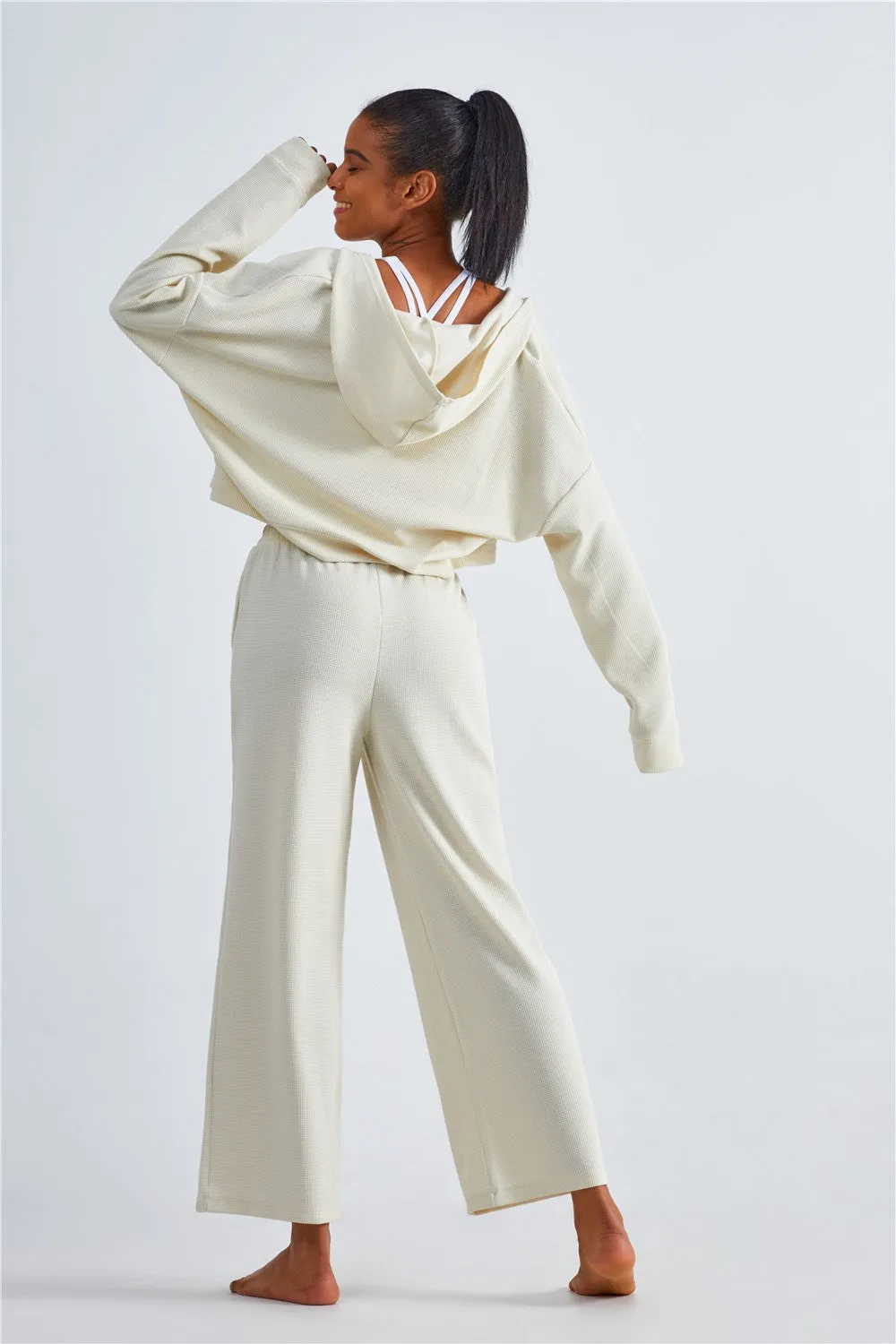 Waffle Knit Zip-Up Hoodie & Wide Leg Pants Set