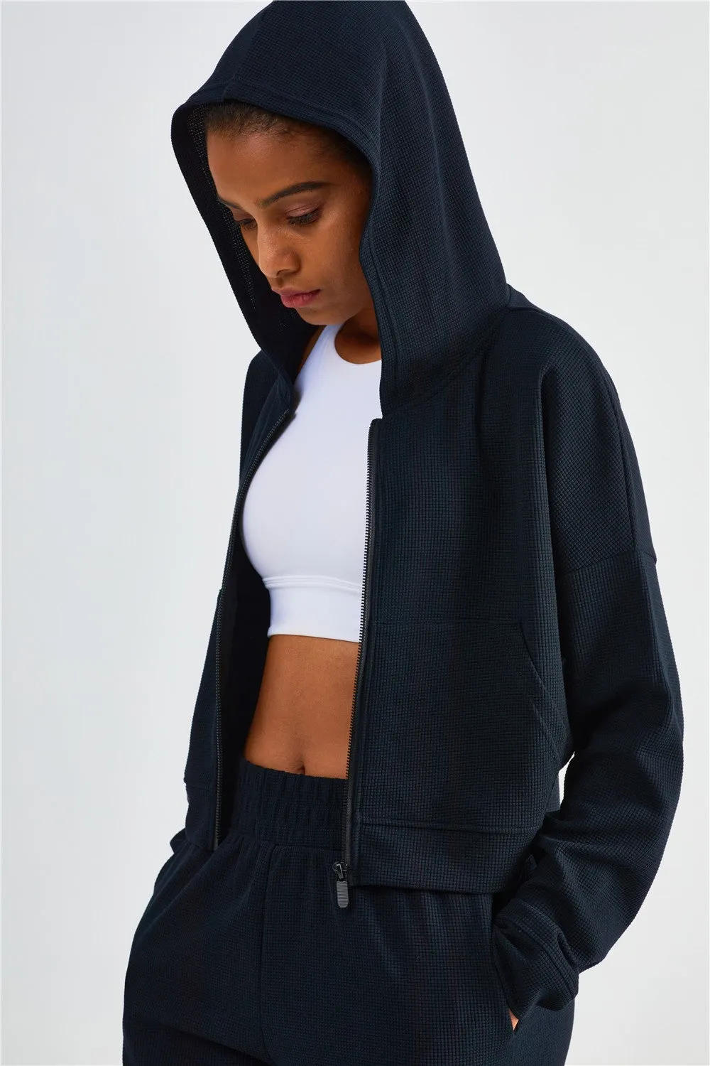 Waffle Knit Zip-Up Hoodie & Wide Leg Pants Set